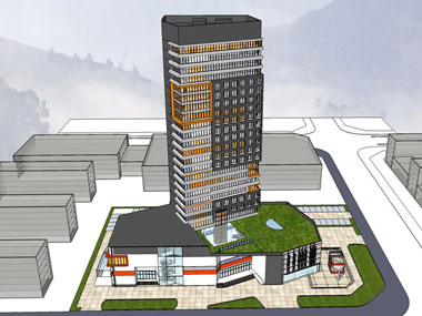 草圖大師辦公類模型28：現代風格高層辦公樓、底層商業建筑模型