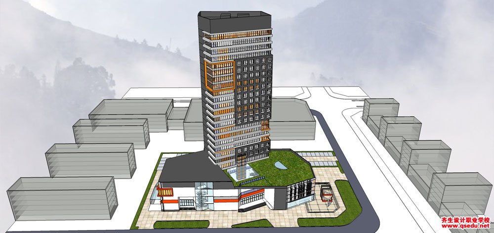 草圖大師辦公類模型28：現代風格高層辦公樓、底層商業建筑模型